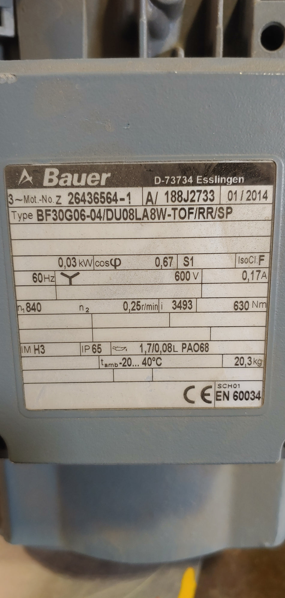 Bauer Type BF30G06-04/DU08LA8W-TOF/RR/SP Geared Motor