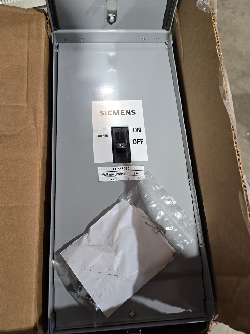 SIEMENS E3RED23B070, WITH SIEMENS ED23B070 70 AMP 3 POLE 240V BREAKER, E2N3R, TYPE 3R