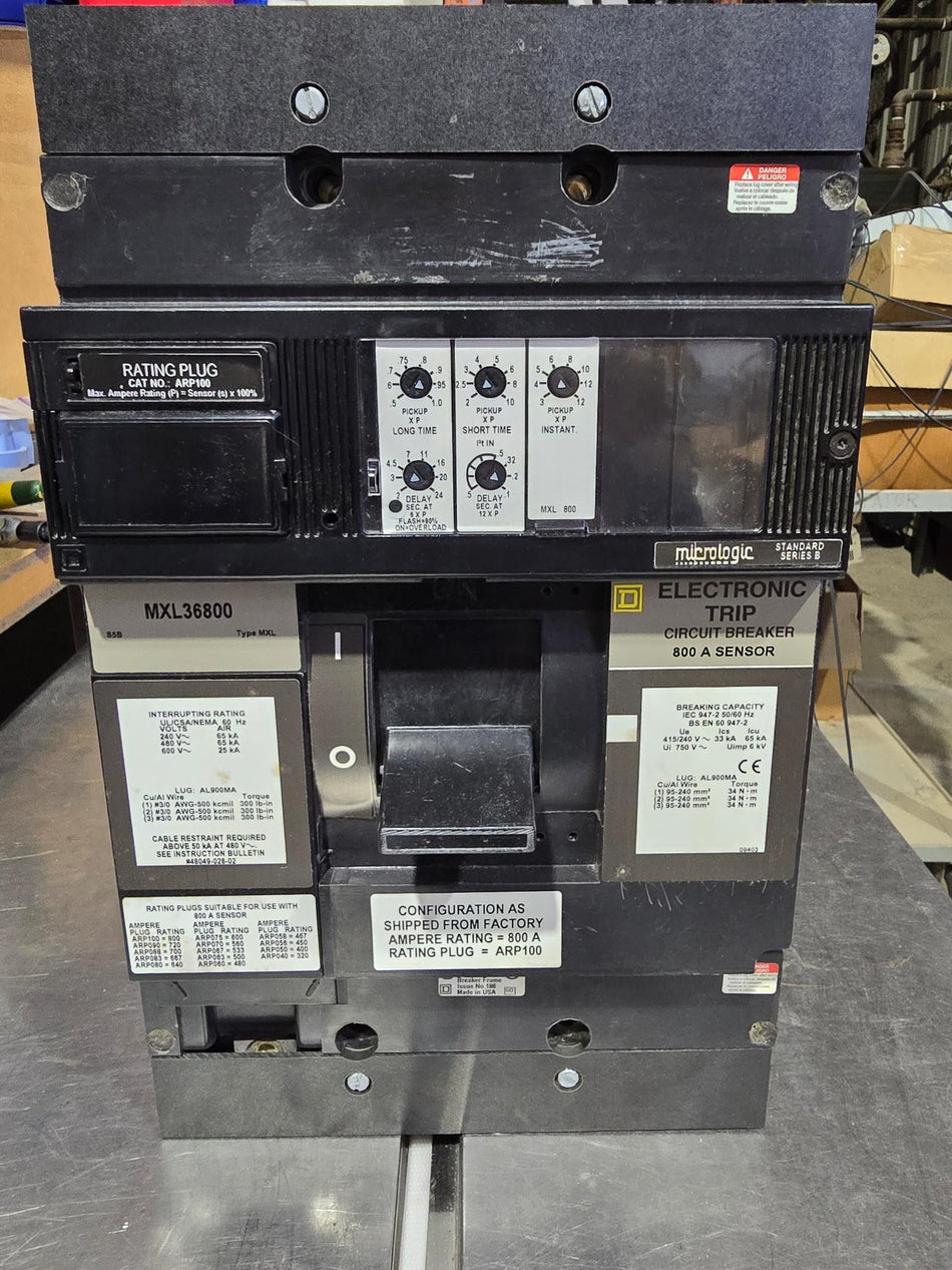 SQUARE D, MXL36800 800 AMP BREAKER, WITH RATING PLUG CAT NO: ARP100 (USED) SEE COMMENTS