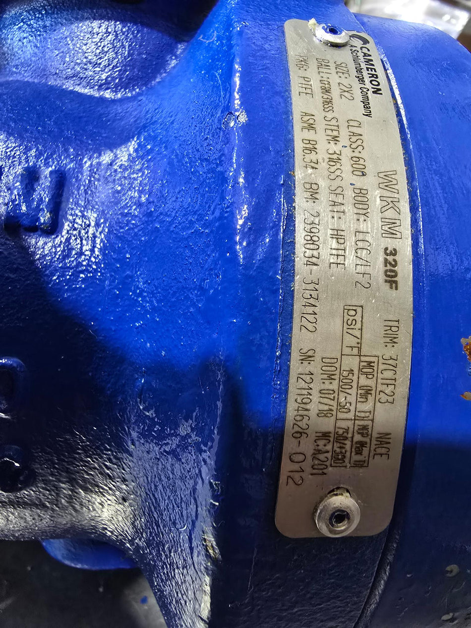 CAMERON WKM 320F BALL VALVE, TRIM:37CTF23, SIZE: 2X2, CLASS:600, BODY:LCC/LF2, BALL:CF8M/316SS, STEM:316SS, SEAT: HPTFE, PKG: PTFE, ASME B16.34 DOM: 07/18 (USED)