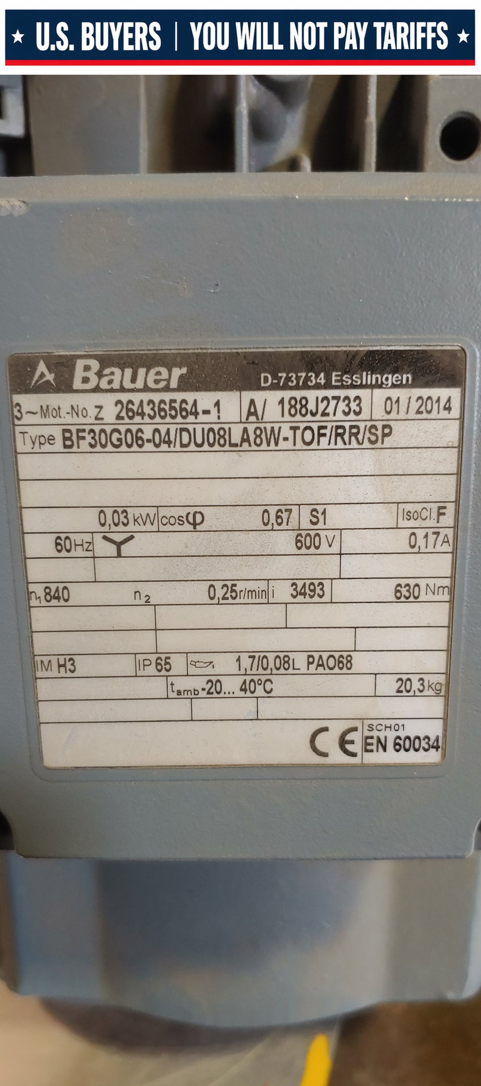 Bauer Type BF30G06-04/DU08LA8W-TOF/RR/SP Geared Motor