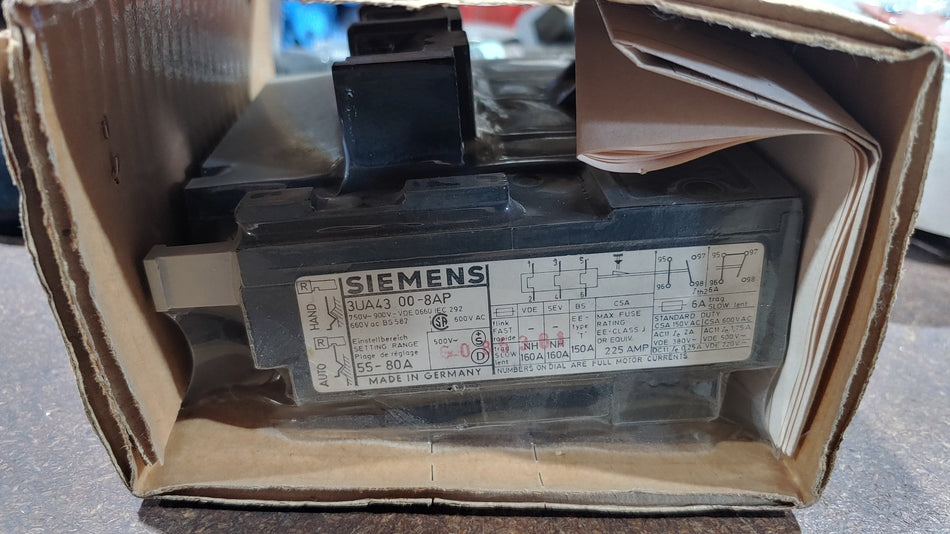 SIEMENS 3UA43-00-8AP OVERLOAD RELAY 55-80A 3POLE W/RESET