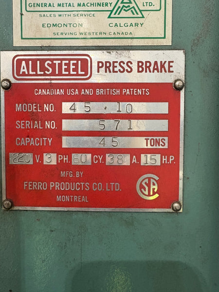 Allsteel Press Brake Model 45-10