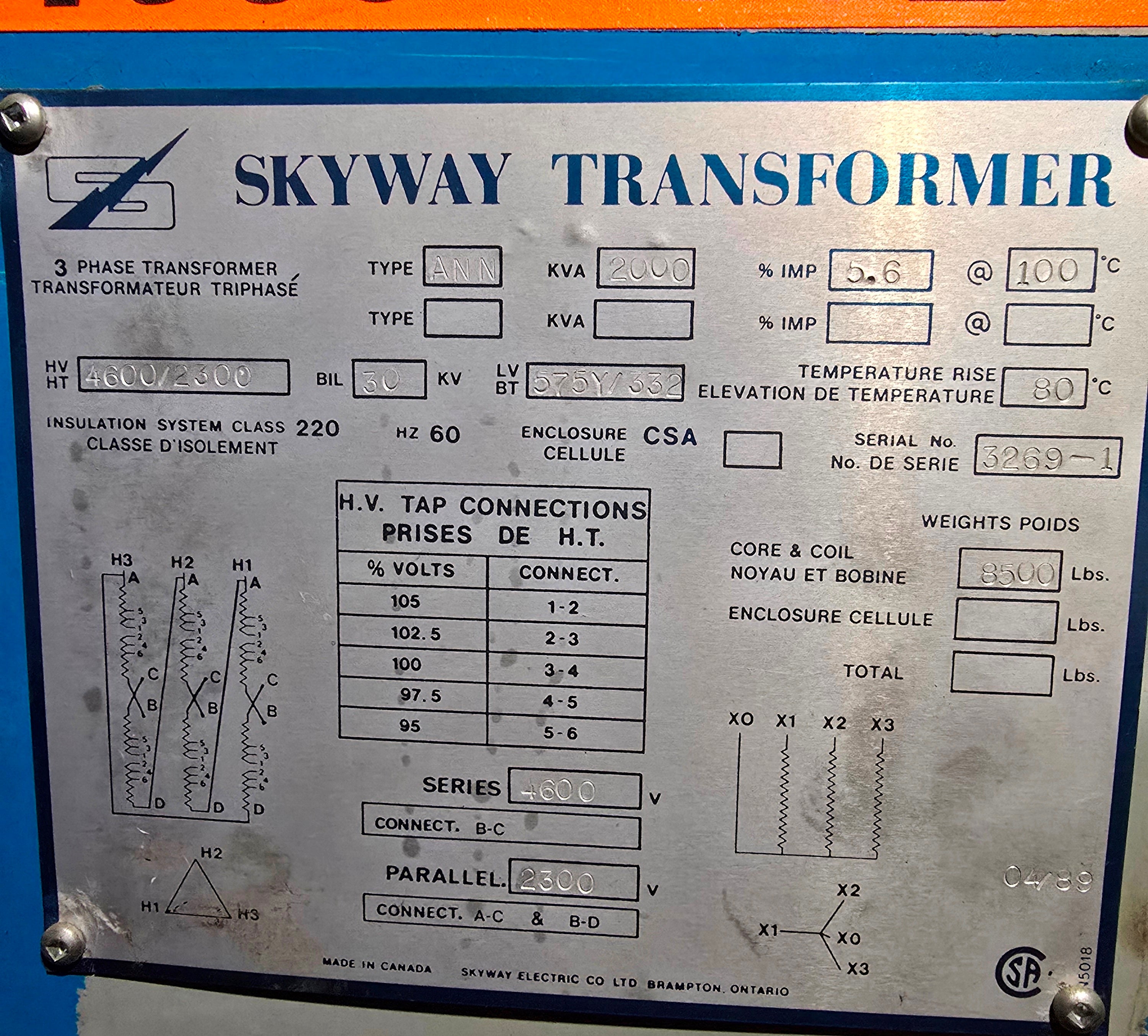 Skyway ANN 2000 kVA 3 Phase Transformer 4600/2300 V