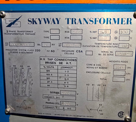 Skyway ANN 2000 kVA 3 Phase Transformer 4600/2300 V
