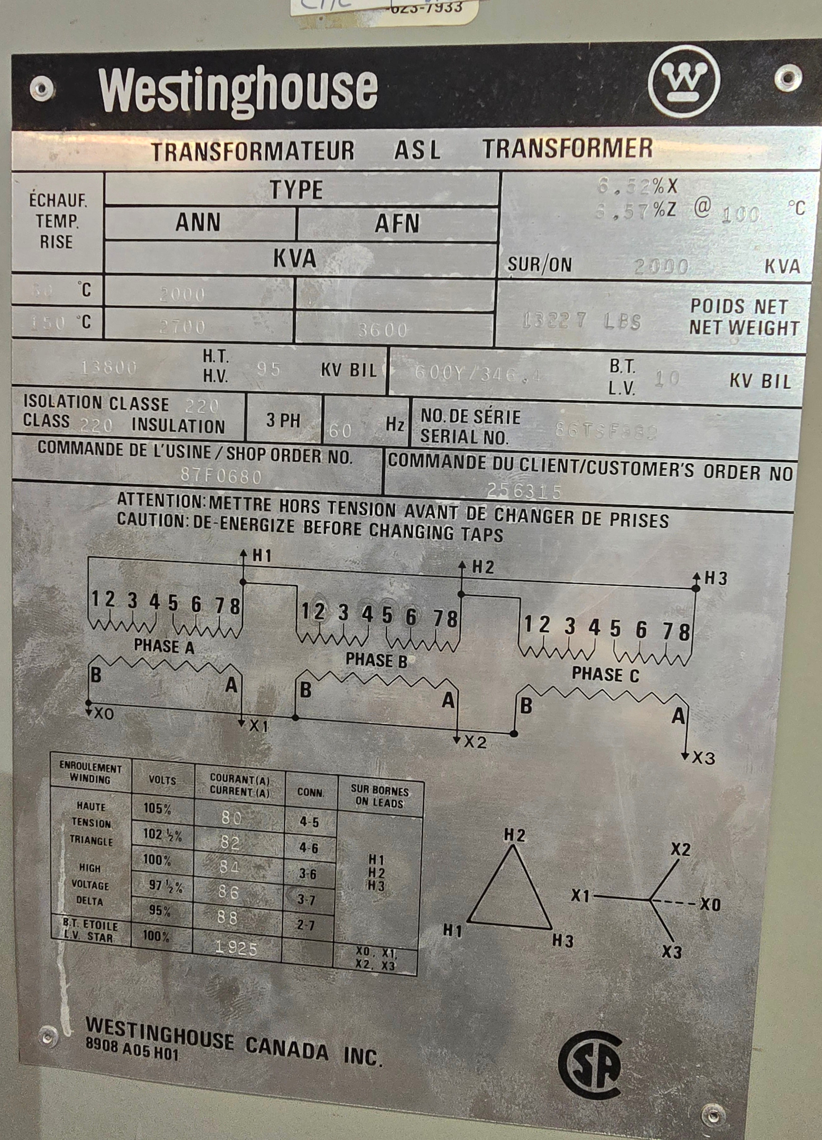 Westinghouse 2000 KVA ASL Transformer 13800/600Y V 3 Phase 60 Hz
