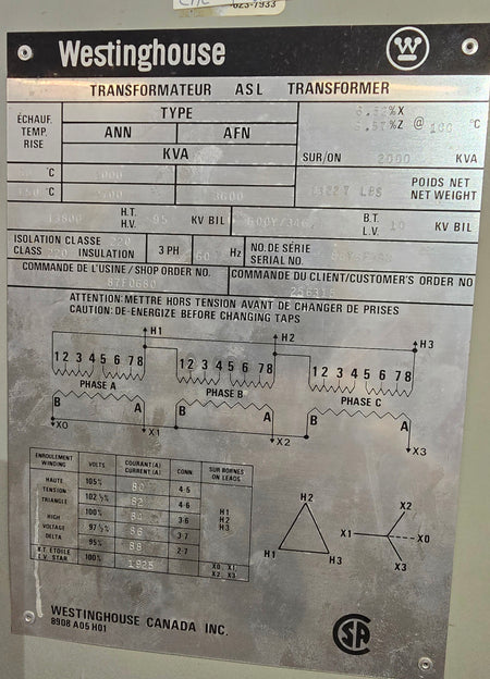 Westinghouse 2000 KVA ASL Transformer 13800/600Y V 3 Phase 60 Hz