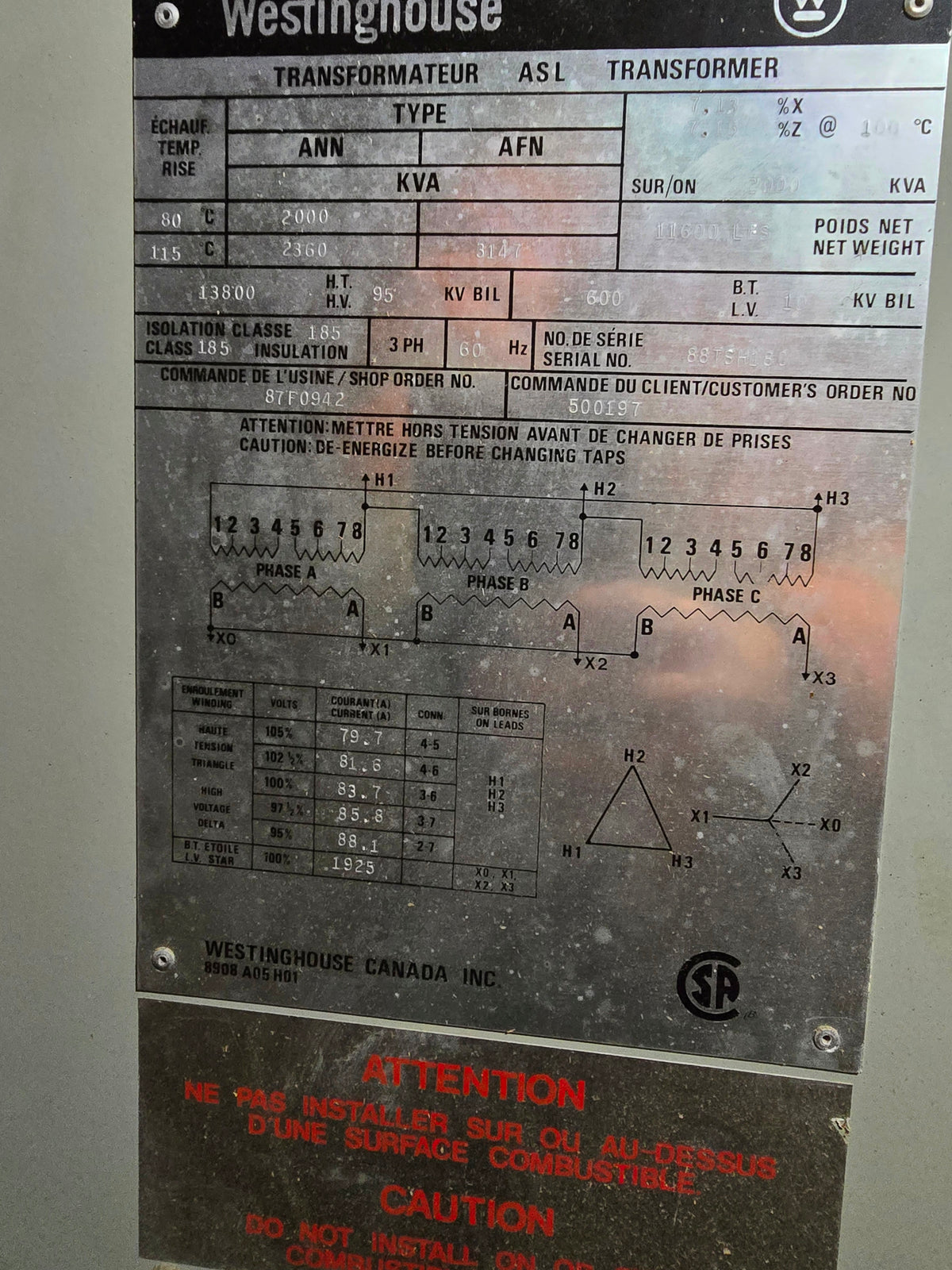 Westinghouse ASL Transformer 2000 kVA 13800 V 600 V 60 Hz