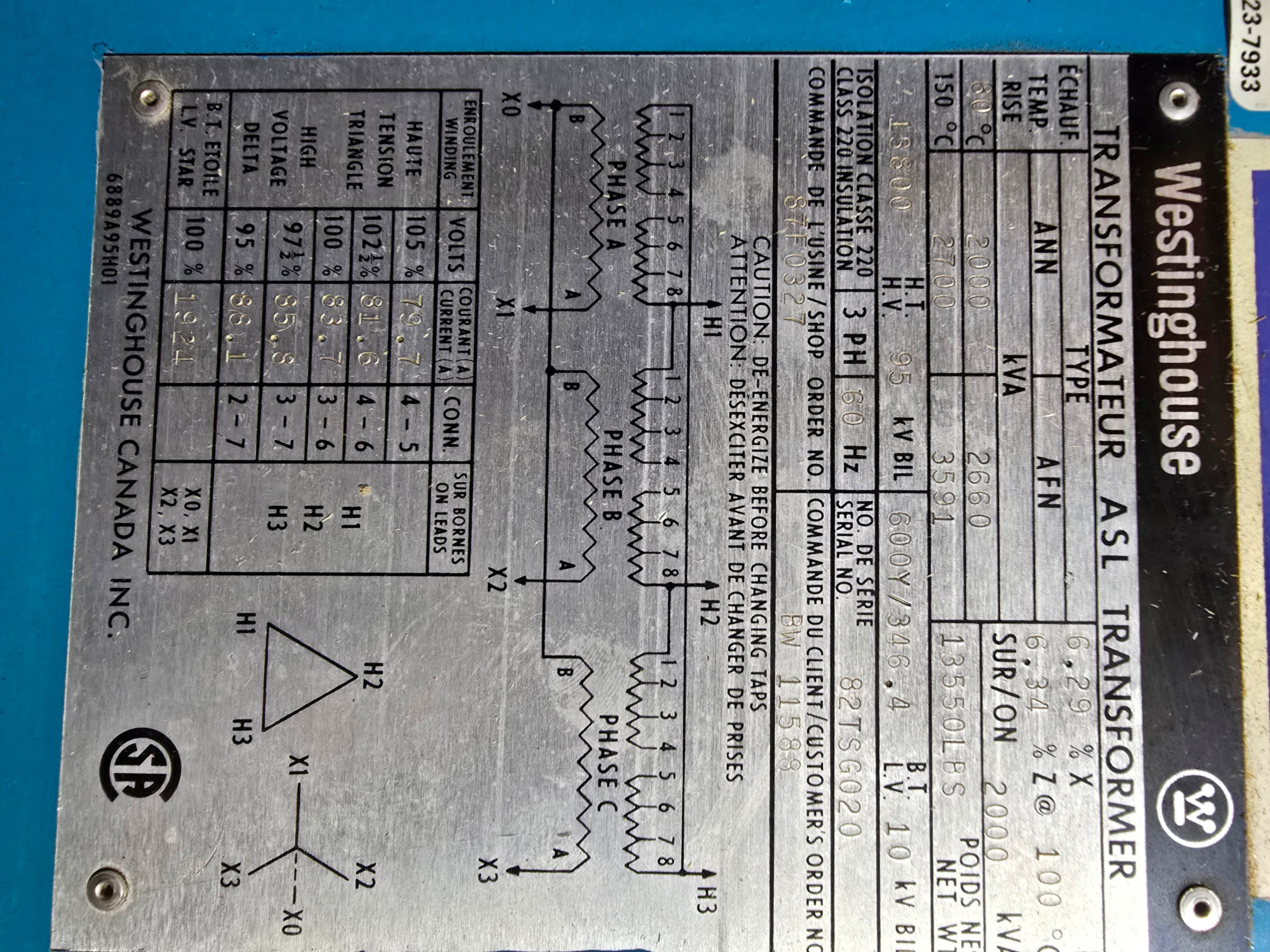 Westinghouse AFN Transformer 2000 kVA 600 V 3 Phase 60 Hz