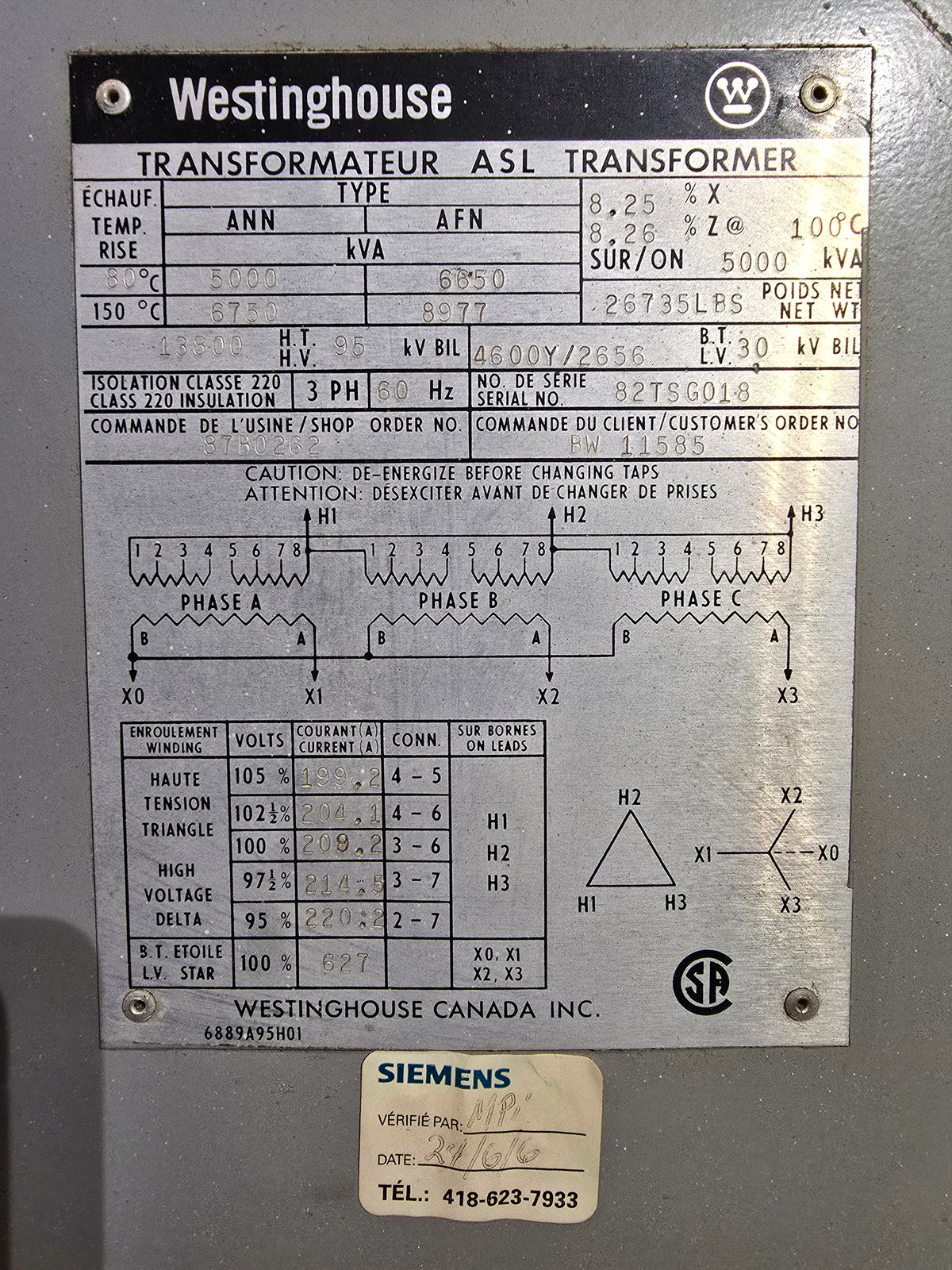 Westinghouse 82TSG018 ASL Transformer 5000 kVA 13.8 kV / 4.6 kV