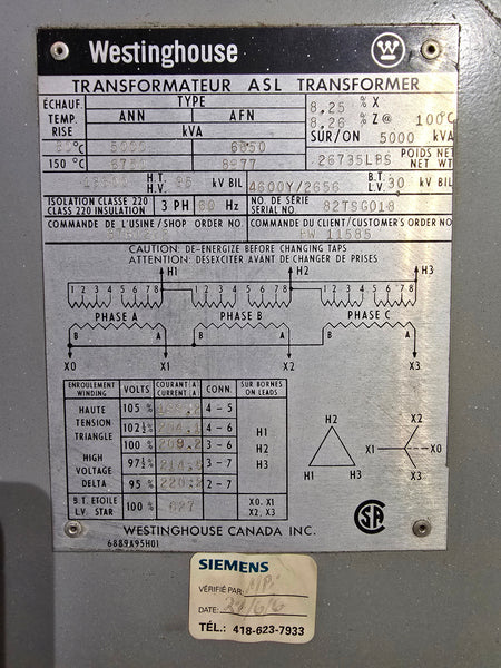 Westinghouse 82TSG018 ASL Transformer 5000 kVA 13.8 kV / 4.6 kV
