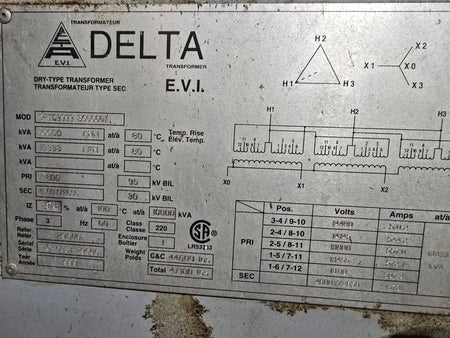 Delta CPTC3999 Dry Type Transformer 10,000 kVA 13.8kV/4600V