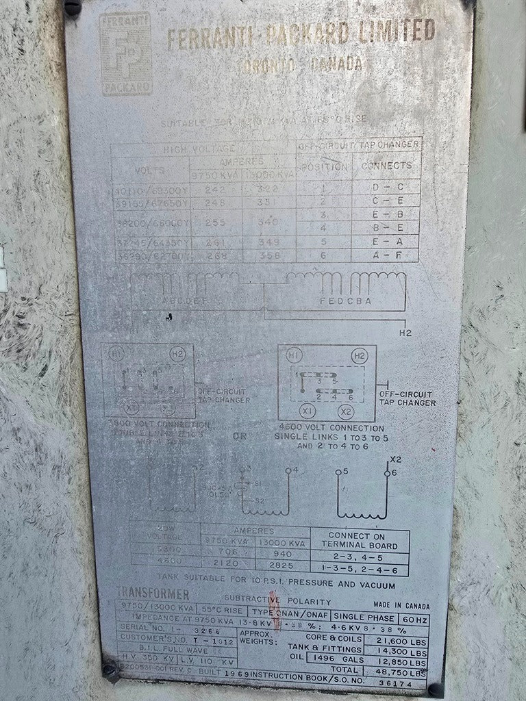 Ferranti-Packard 9750/13000 KVA ONAN/ONAF Transformer 60 Hz