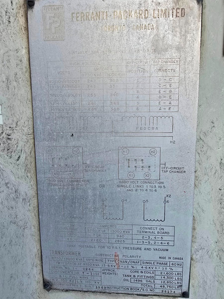 Ferranti-Packard 9750/13000 KVA ONAN/ONAF Transformer 60 Hz