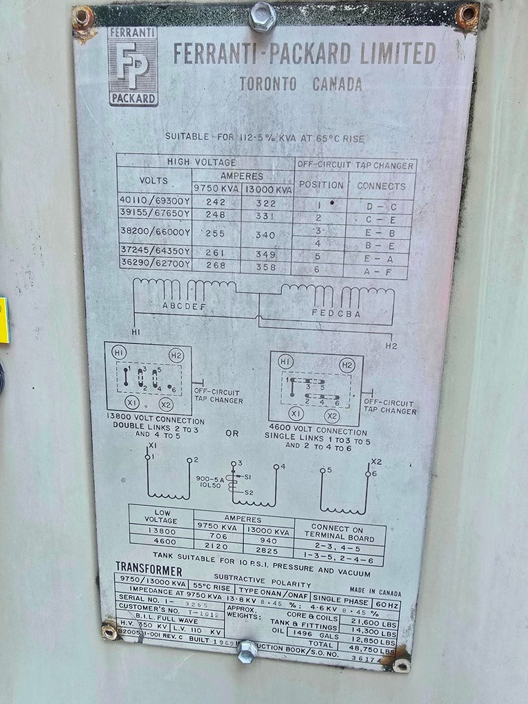 Ferranti-Packard 9750/13000 KVA ONAN/ONAF Transformer 60 Hz