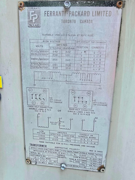 Ferranti-Packard 9750/13000 KVA ONAN/ONAF Transformer 60 Hz