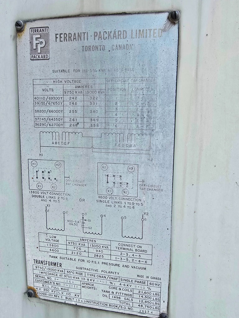 Ferranti-Packard 9750/13000 KVA ONAN/ONAF Transformer 60 Hz