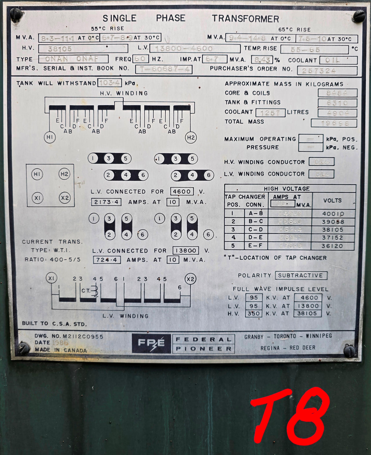 Federal Pioneer T-60687-4 /Single Phase Transformer 10 MVA 13800-4600 V