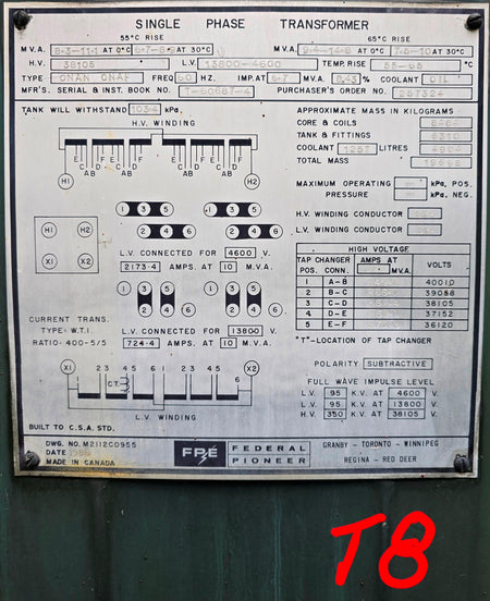 Federal Pioneer T-60687-4 /Single Phase Transformer 10 MVA 13800-4600 V