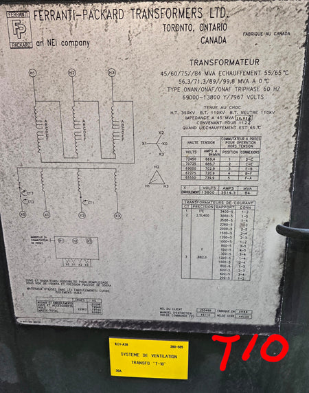 Ferranti-Packard 44112 Power Transformer 84 MVA 69000-13800 Y/7967 V 60 Hz