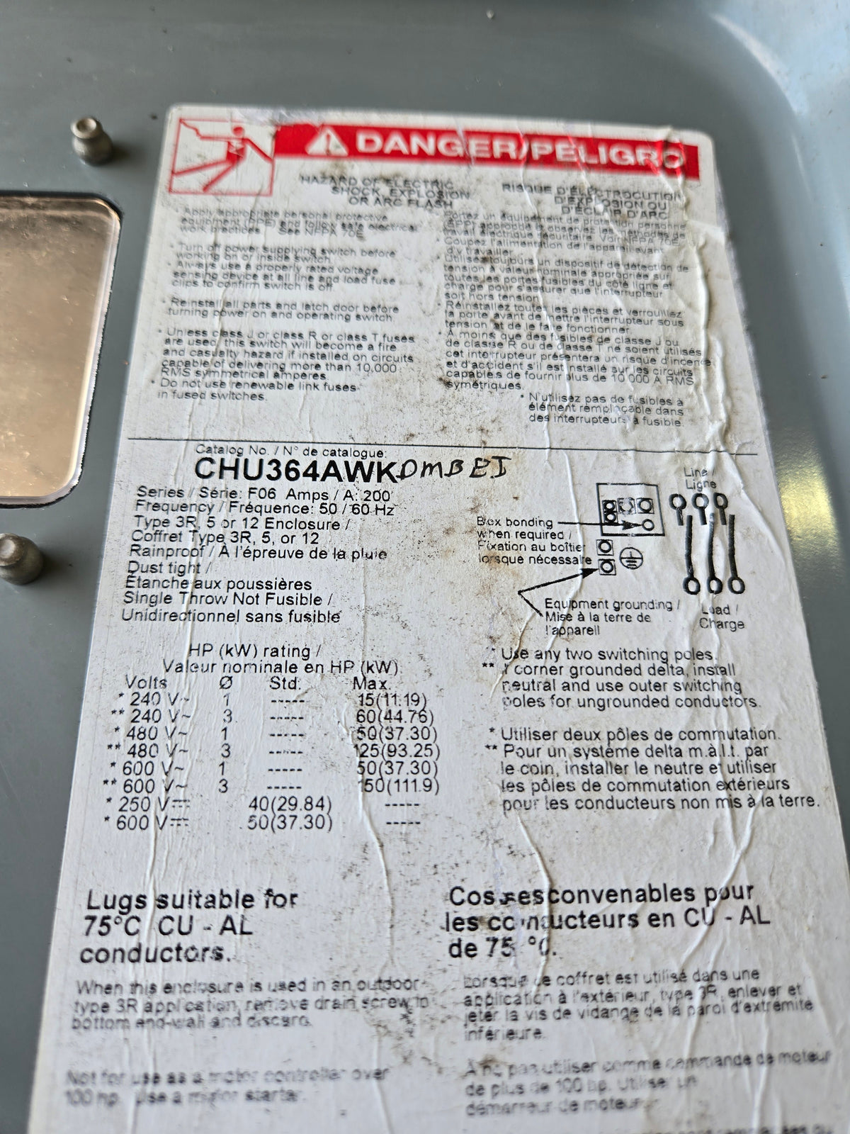 Square D CHU364AWK Heavy Duty Safety Switch, 200 A, 600 Vac/600 Vdc - 50/60 Hz - Enclosure Type: Type 3R, 5 or 12 - Single throw - Environmental Rating: Rainproof; dust tight