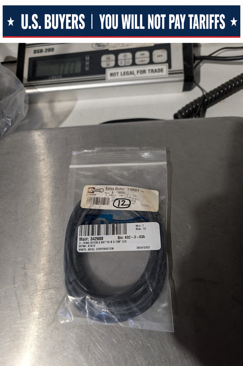 Ariel - O-Ring, Viton, 3.887"ID x 0.139" C/S- A1812- 12 PACK - New