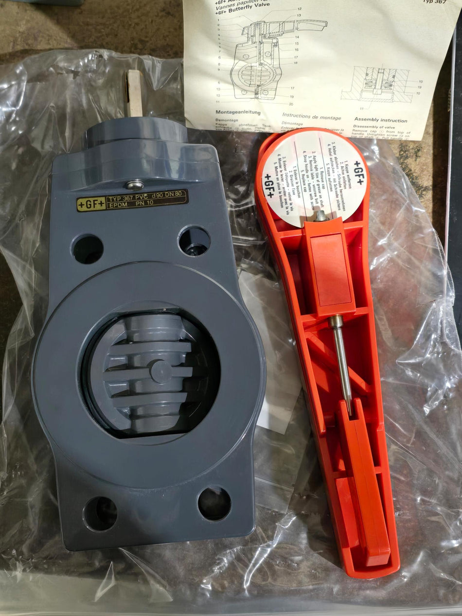 GEORG FISCHER +GF+ 3" PVC BUTTERFLY VALVE,  DN 80, d 90, TYP 367, PN10 EPDM (NEW)