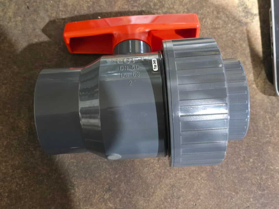 GEORG FISCHER +GF+ 2" BALL VALVE, SOLVENT SOCKET, DN 50, Da 63, TYP 345, PN10 (NEW)