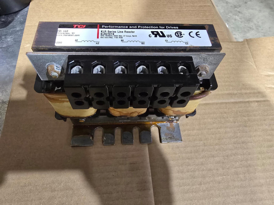TCI KLR Series Open Chassis 3 Phase Input Line Reactor, 25.0 HP @ 600V, Max Current: 27.0 Amps, Hertz: 50.0/60.0 Hz , UL Certified – KLR27DTB-600V (USED)