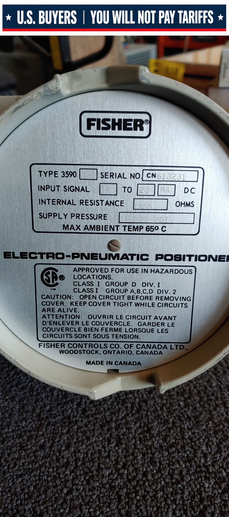 Fisher Electro Pneumatic Positioner Input:4-20ma DC , 300ohm , supply Pressure 20psi