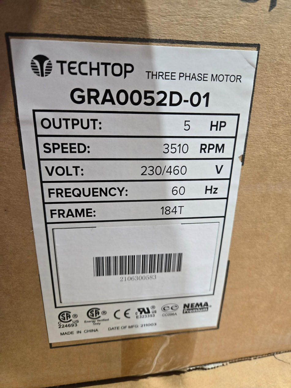 Techtop Electric Motor 5 HP- GRA0052D-01 - 230/460V- 3PH - 3510 RPM - FR 184T - TEFC