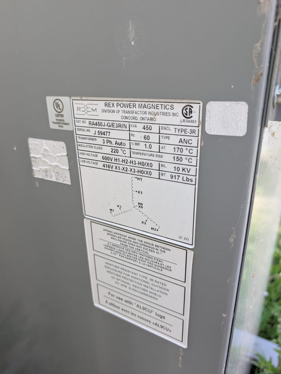 450 KVA REX 3 PH Dry Type Transformer - 600v to 416v - RA450J