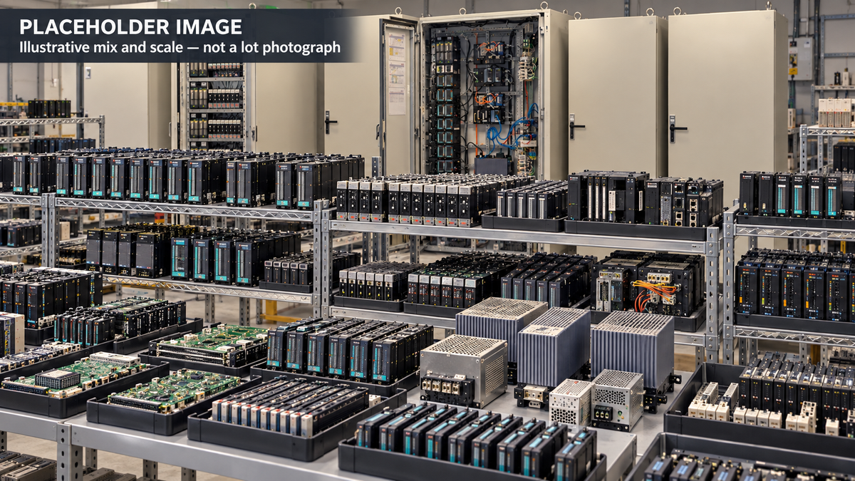 PLACEHOLDER IMAGE: ImageGen conceptual scale view based on the source inventory mix: mostly small modules, power supplies and controllers, with limited enclosures. Not a lot photograph or exact layout.
