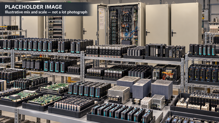 PLACEHOLDER IMAGE: ImageGen conceptual scale view based on the source inventory mix: mostly small modules, power supplies and controllers, with limited enclosures. Not a lot photograph or exact layout.