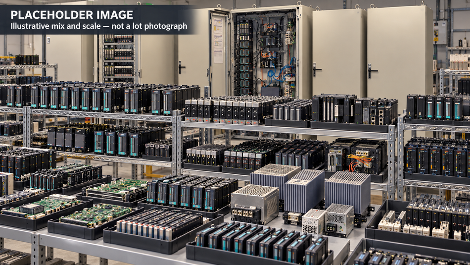 PLACEHOLDER IMAGE: ImageGen conceptual scale view based on the source inventory mix: mostly small modules, power supplies and controllers, with limited enclosures. Not a lot photograph or exact layout.