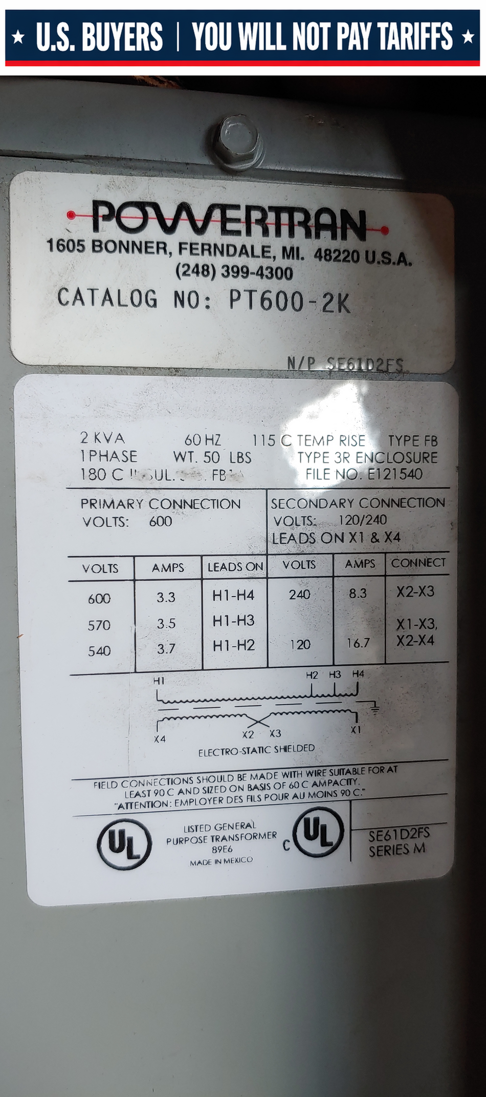 Powertran PT600-2K Type:FB Transformer 1phase