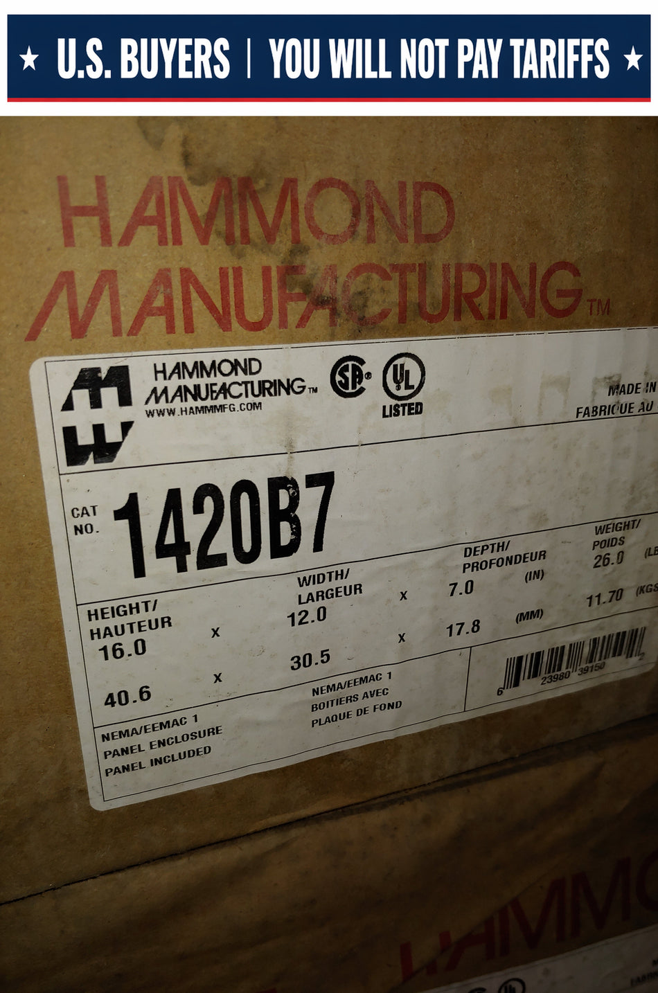 Hammond Steel Electrical Enclosure, 16" x 12" x 7" Deep, Cat# 1420B7, NEMA 1