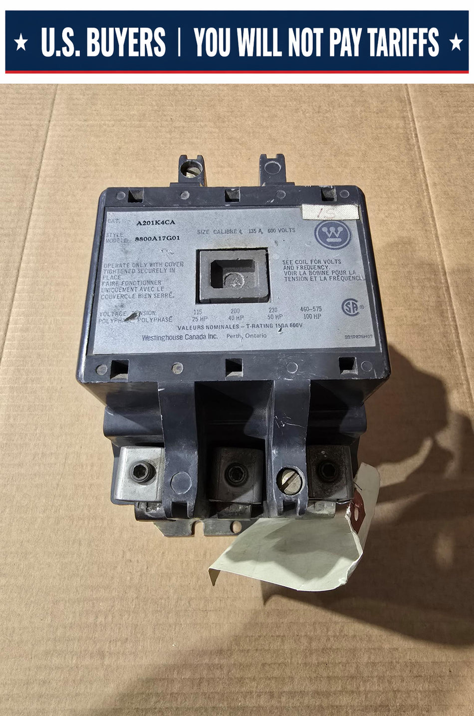 WESTINGHOUSE A201K4CA Model K Panel Mount NEMA Size 4 120V 60Hz Coil 100Hp/575V (USED)