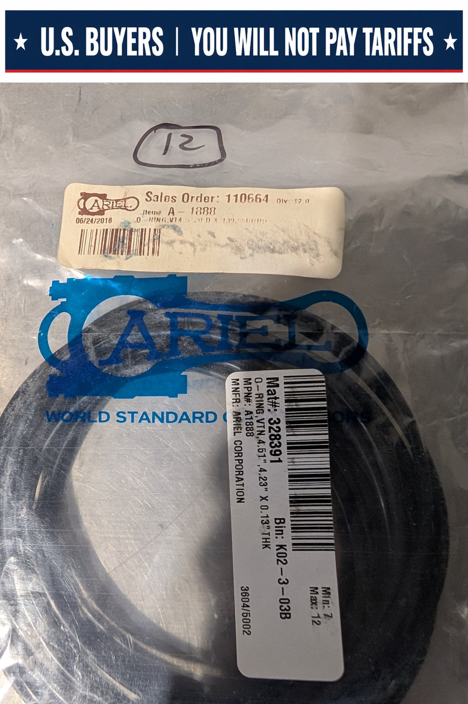 Ariel - O-Ring, VTN, 4.51" x 0.13" THK - 12 PACK - A1888- New