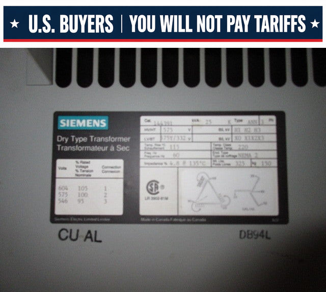 Siemens 3 Phase Transformer 25 KVA 575V to 332Y/575V Volts