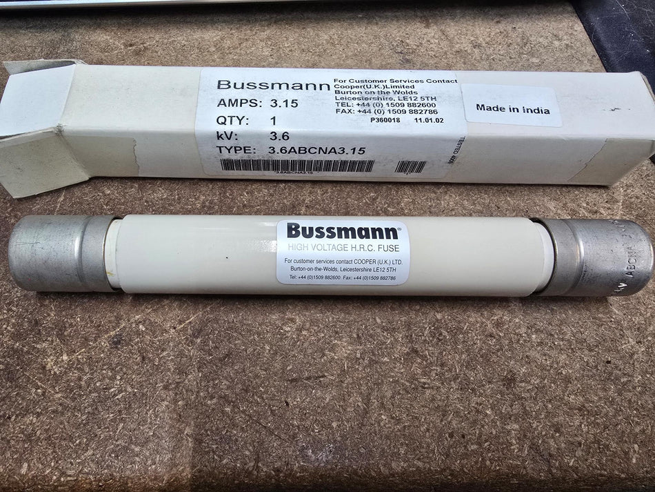 Bussmann High Voltage Fuse TYPE: 3.6ABCNA3.15 H.R.C.  AMPS: 3.15  kV: 3.6