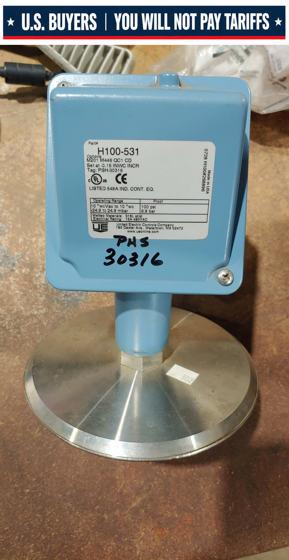 United Electric Pressure Switch H100-531 10 Vacuum-10.00" WC