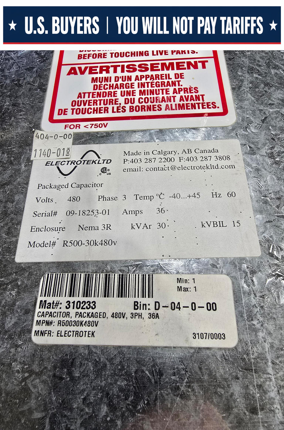 ELECTROTEK R500 Packaged Capacitor R500-30K480V