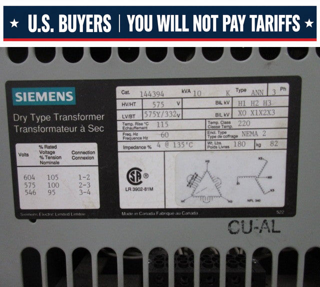 Siemens 3 Phase Transformer 10 KVA 575V to 332Y/575V Volts