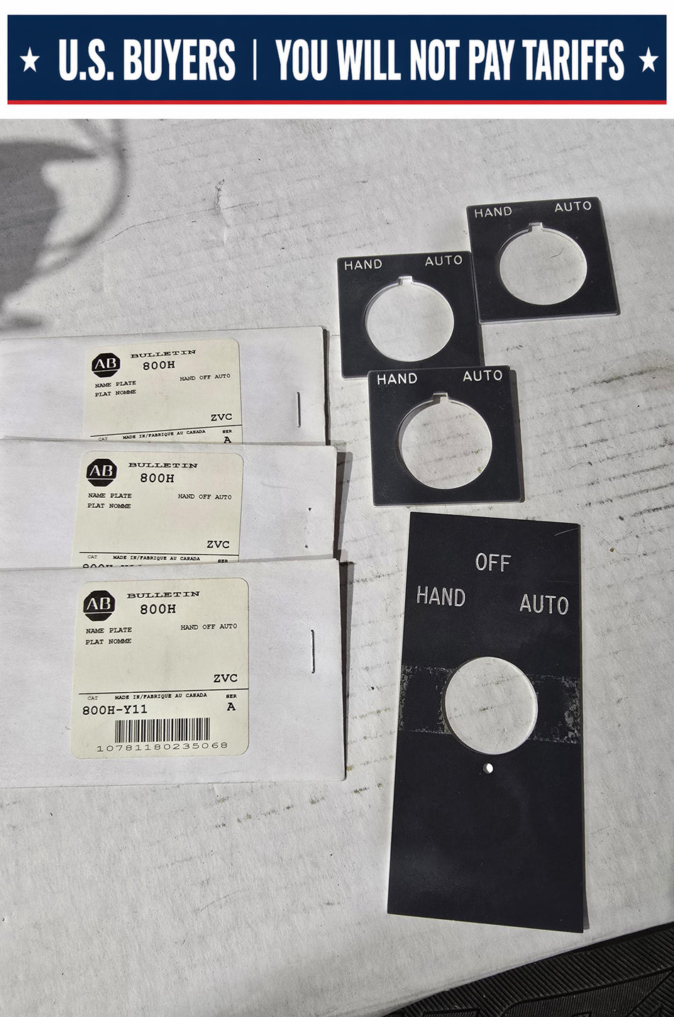 ALLEN BRADLEY 800H-Y11 NAMEPLATE HAND-OFF-AUTO (LOT OF 4 NEW AND 3 USED HAND/AUTO AND 1 LARGER ONE)