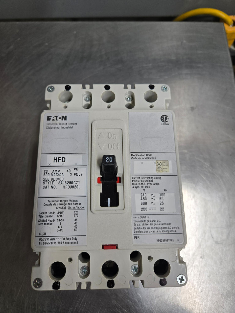 Eaton 20 Amp Breaker HFD3020L - 3P - 600V - Used