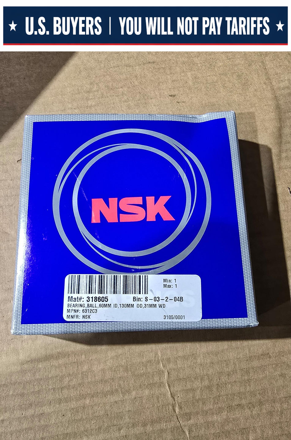 NSK 6312C3 Radial/Deep Groove Ball Bearing - Straight Bore, 60 mm ID, 130 mm OD, 31 mm Width