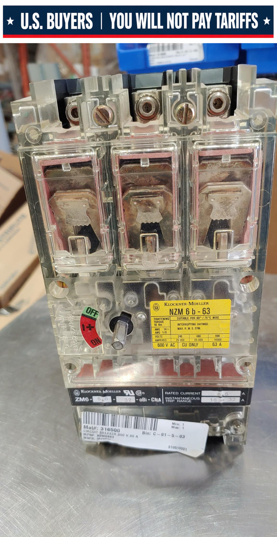 KLOCKNER-MOELLER 63 Amp 3 Pole Circuit Breaker NZM 6B-63 (USED) ZM6-6.6-32-oBi-CNA