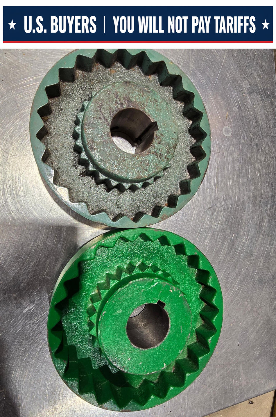 LOT OF 2 Sleeve Coupling Flange, 8S114 Bore-To-Size , 08 Coupling, 1-1/4 in Bore Dia, 2-3/32 in Length Through Bore, 3-1/4 in Hub Dia, Cast Iron 1/4" KEY (USED)