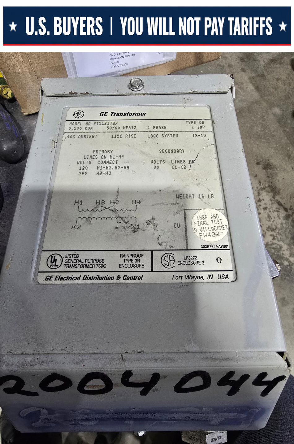 GE Transformer 0.500 KVA 120/240 to 20 volt 9T51B1727 (USED)